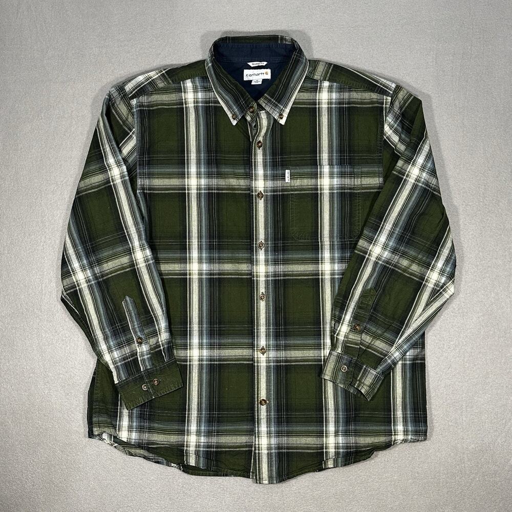 Carhartt Relaxed Fit Plaid Long Sleeve Button Up Shirt Men’s XL Green